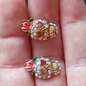 New Sugar Skull AB Crystals Rose Gold Stud Earrings.